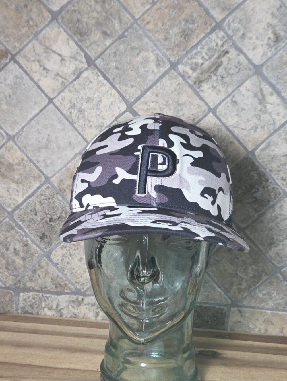 Puma Stretch Fit One Size Black Gray White Camo Baseball Hat Raised 'P' Patch